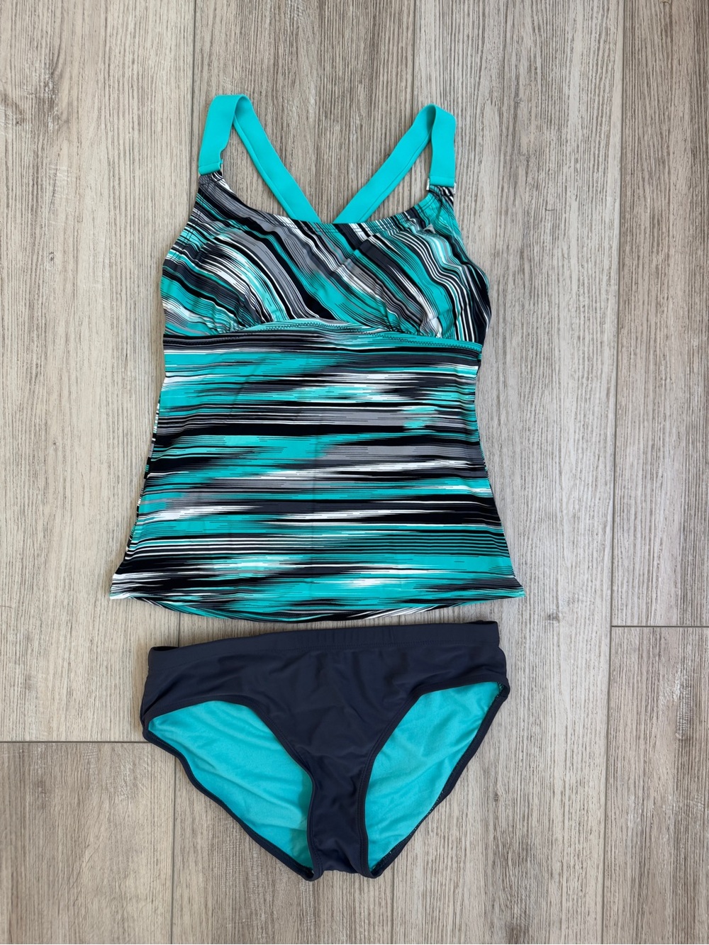 Gerry Weber Teal, Black & Gray Striped Tankini with Solid Briefs